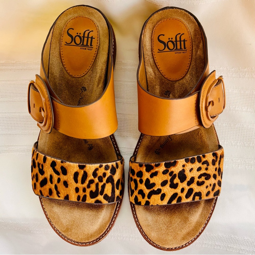 Söfft Leopard Print and Tan Leather Slide Sandals - Picture 9 of 14